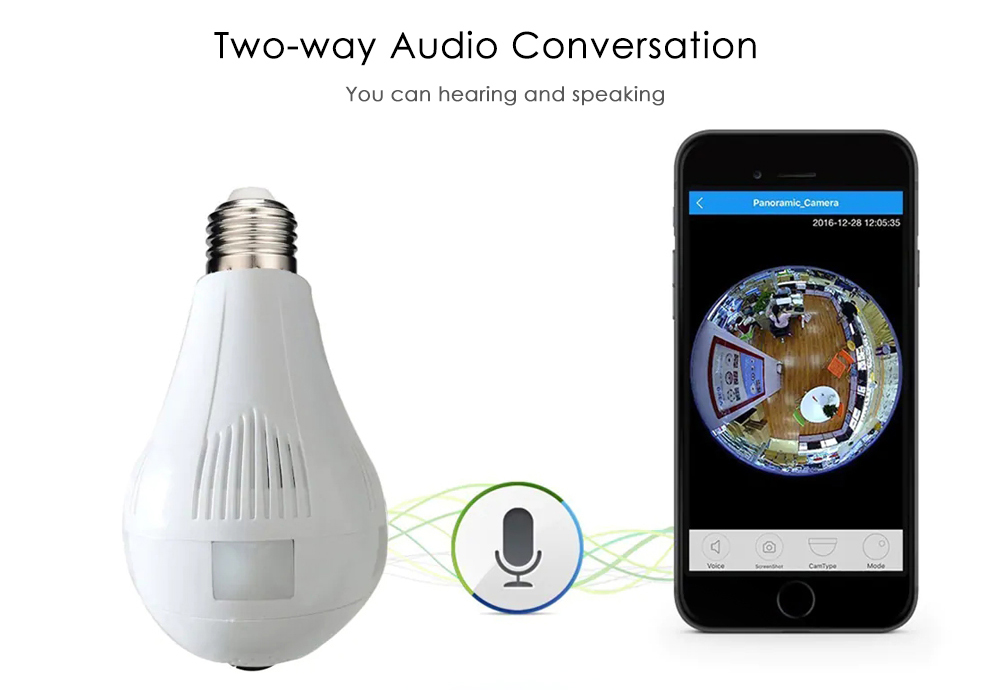 V380S Bulb Camera WiFi Wireless Smart Phone Remote Control 360 ​​Degrees VR Cam Panoramic HD Monitor for Home Security - White